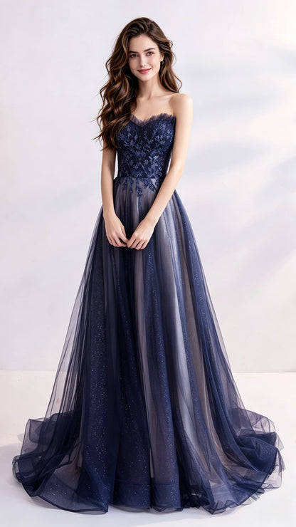 Eye-catching A-line Blue Evening Gowns Strapless Tulle Maxi Dress LFNL0691