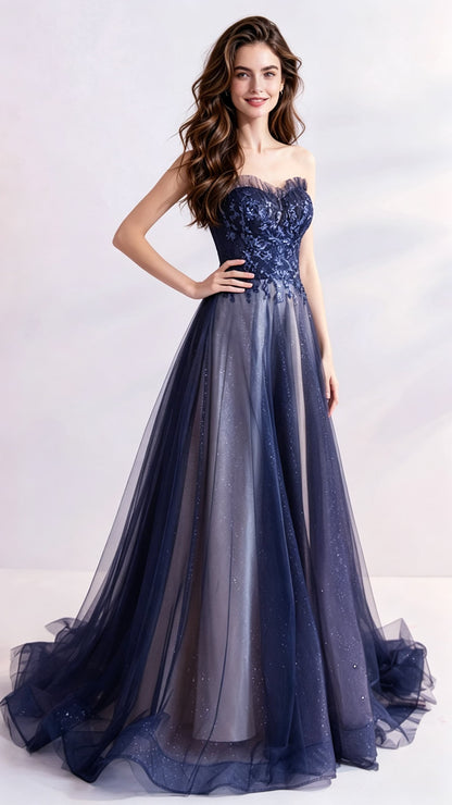 Eye-catching A-line Blue Evening Gowns Strapless Tulle Maxi Dress LFNL0691