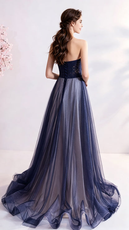 Eye-catching A-line Blue Evening Gowns Strapless Tulle Maxi Dress LFNL0691