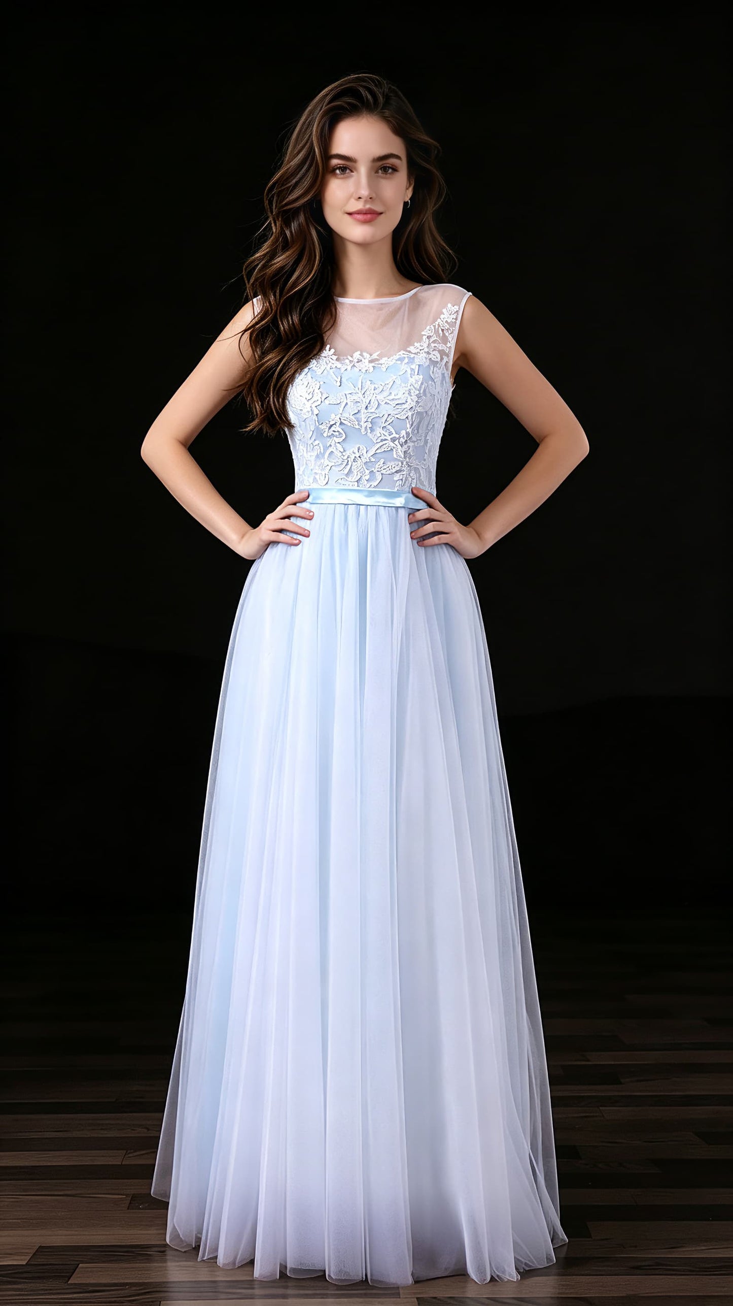Lovely A-line Blue Evening Gowns Round neck Tulle Long Formal Dress LFNL0681