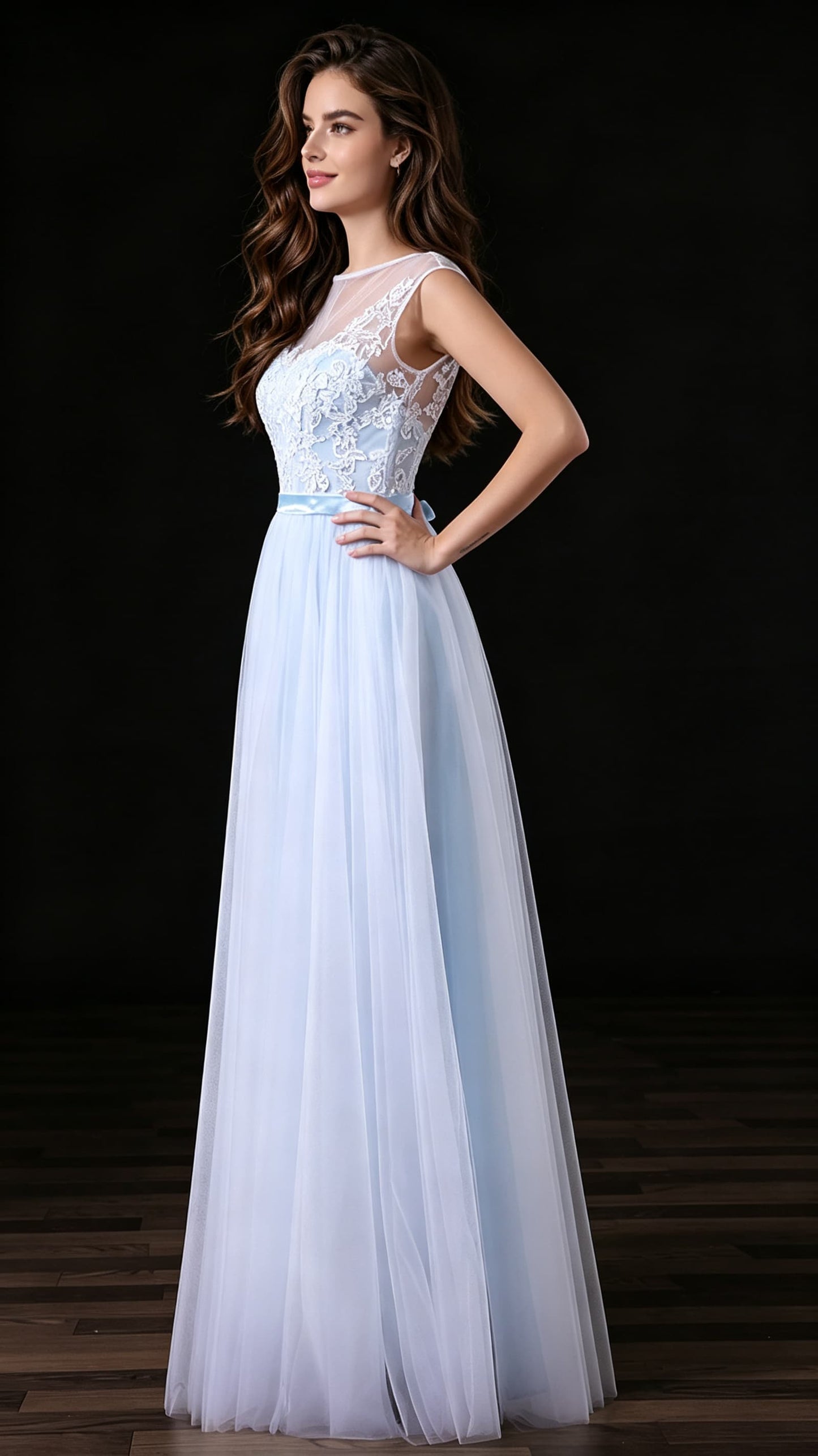 Lovely A-line Blue Evening Gowns Round neck Tulle Long Formal Dress LFNL0681