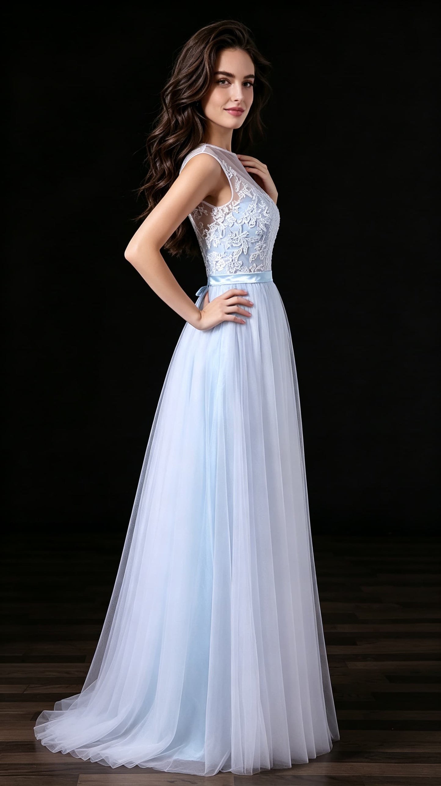 Lovely A-line Blue Evening Gowns Round neck Tulle Long Formal Dress LFNL0681