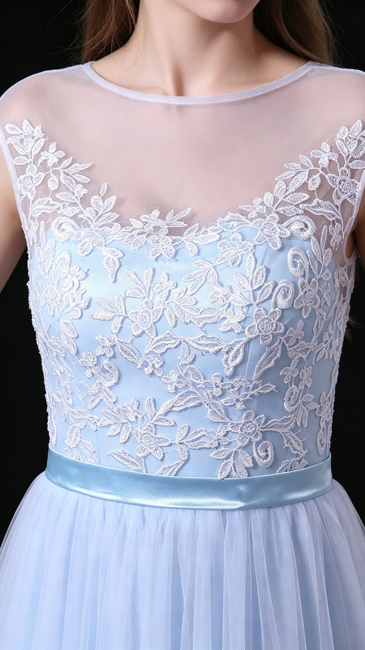 Lovely A-line Blue Evening Gowns Round neck Tulle Long Formal Dress LFNL0681