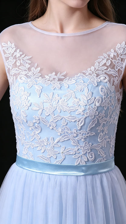 Lovely A-line Blue Evening Gowns Round neck Tulle Long Formal Dress LFNL0681