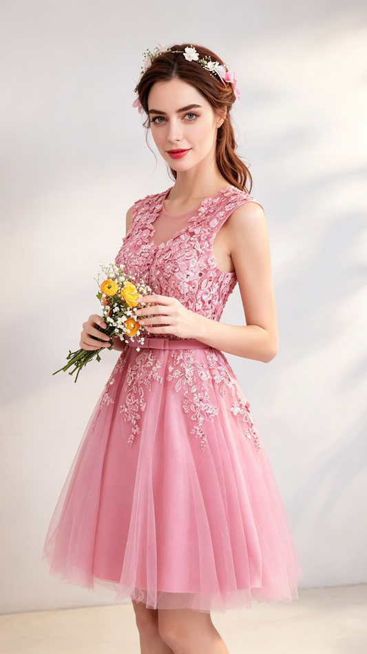 Polished A-line Pink Evening Dress Round Neck Tulle Short Formal Dress LFNC0390