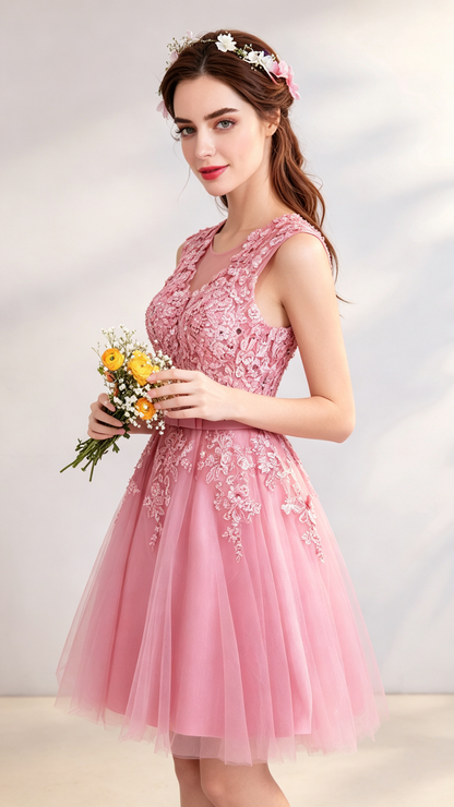 Polished A-line Pink Evening Dress Round Neck Tulle Short Formal Dress LFNC0390