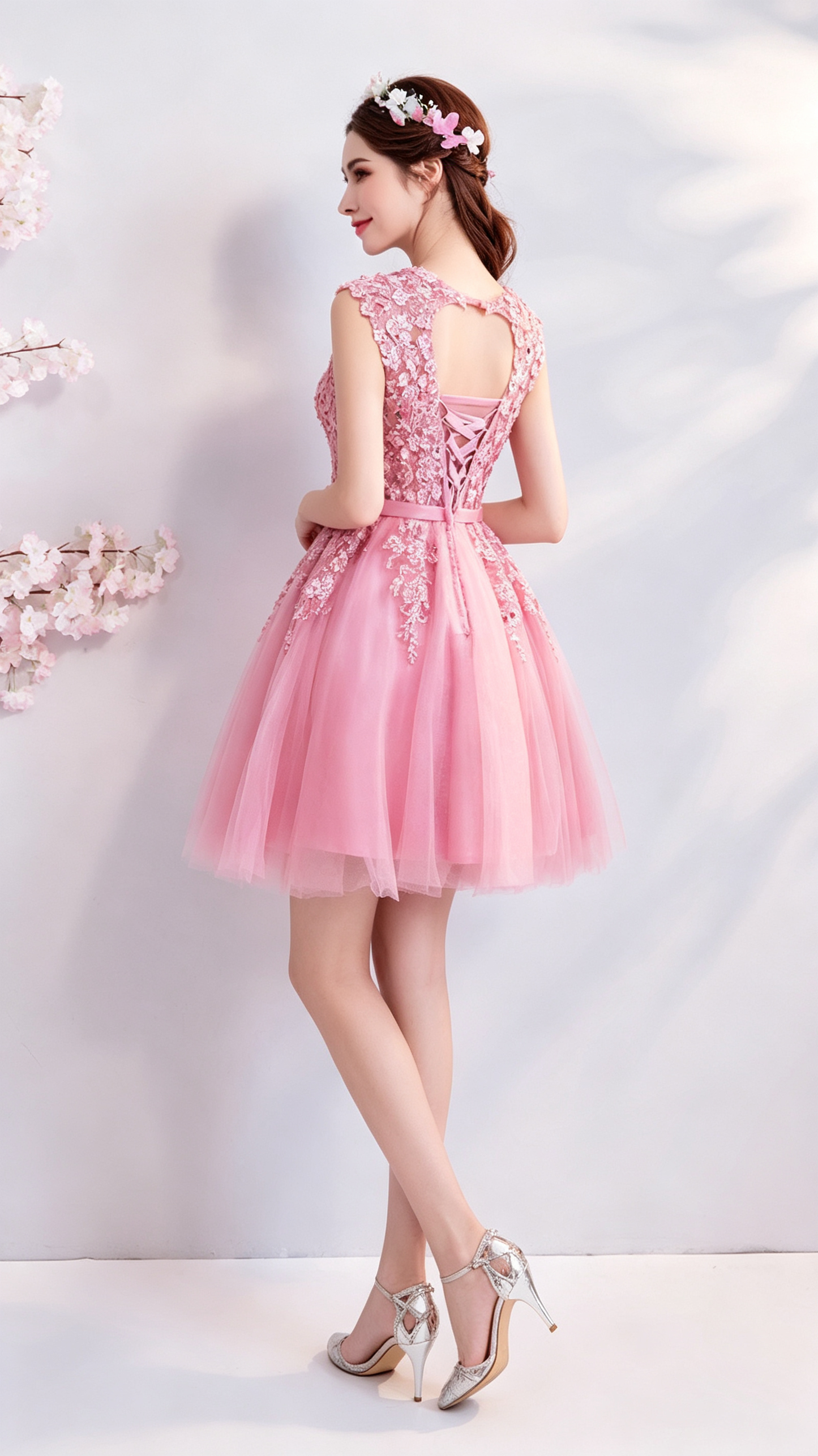 Polished A-line Pink Evening Dress Round Neck Tulle Short Formal Dress LFNC0390