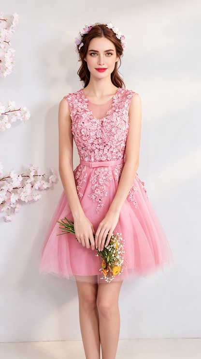 Polished A-line Pink Evening Dress Round Neck Tulle Short Formal Dress LFNC0390