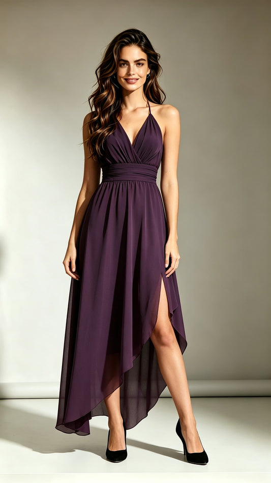 Dreamy A-line Purple Bridesmaid Gowns Straps Chiffon Midi Length Formal Dress LFNL0711
