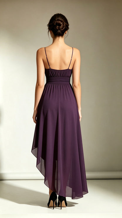 Dreamy A-line Purple Bridesmaid Gowns Straps Chiffon Midi Length Formal Dress LFNL0711