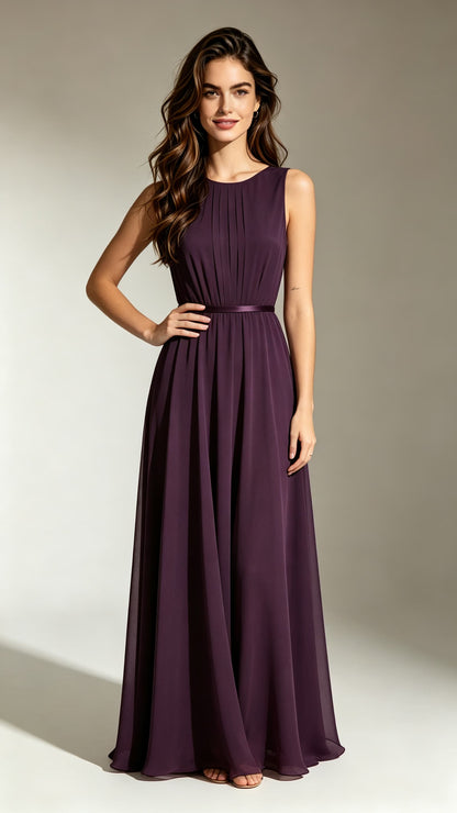 Elegant A-line Purple Bridesmaid Gowns Round neck Chiffon Long Formal Dress LFNL0712