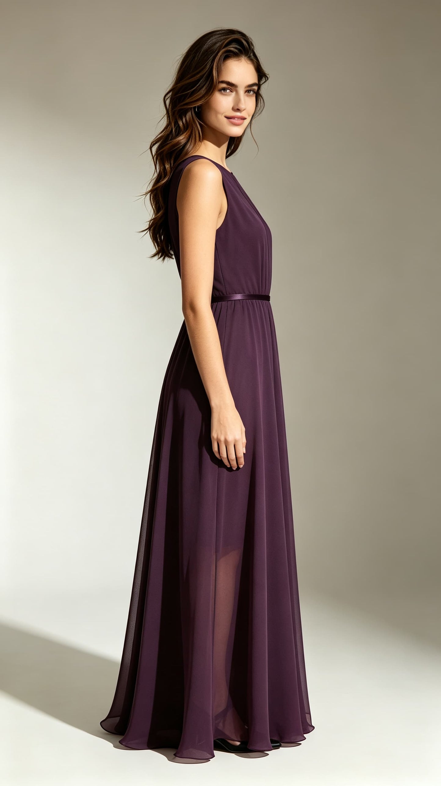 Elegant A-line Purple Bridesmaid Gowns Round neck Chiffon Long Formal Dress LFNL0712