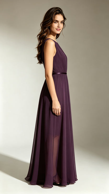 Elegant A-line Purple Bridesmaid Gowns Round neck Chiffon Long Formal Dress LFNL0712
