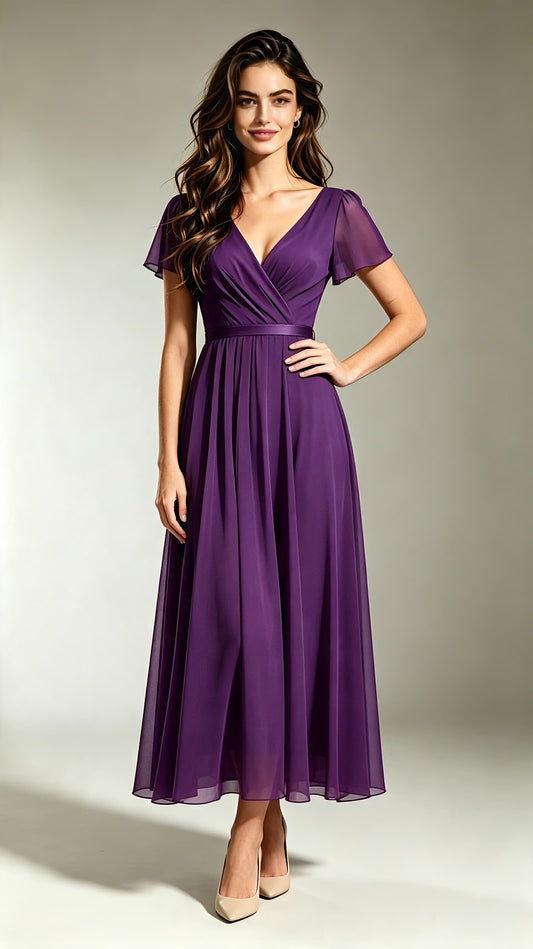 Lightweight A-line Purple Bridesmaid Gowns V Neck Chiffon Maxi Dress LFNL0704