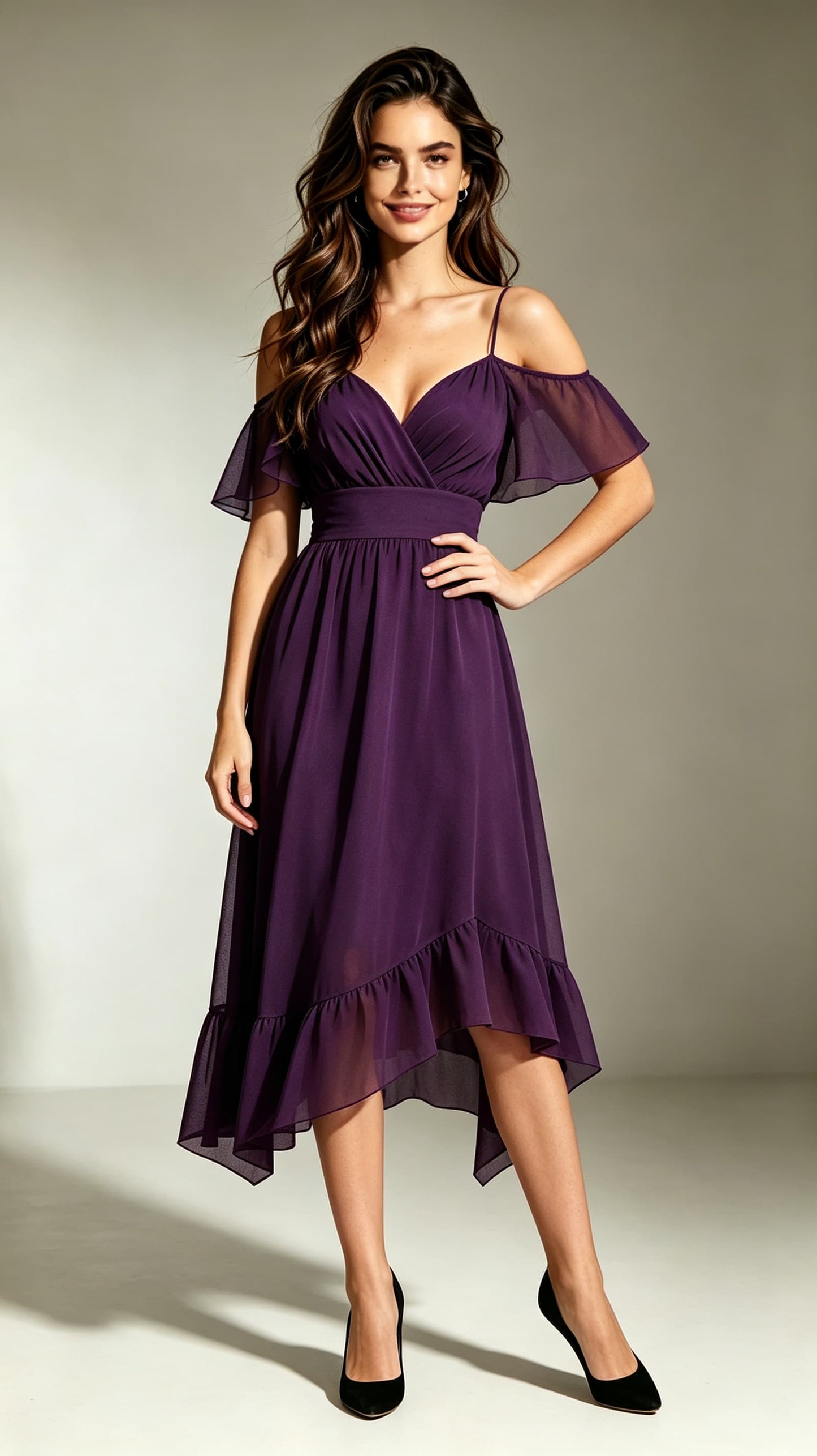 Timeless A-line Purple Bridesmaid Gowns Straps Chiffon Midi Length Formal Dress LFNL0710