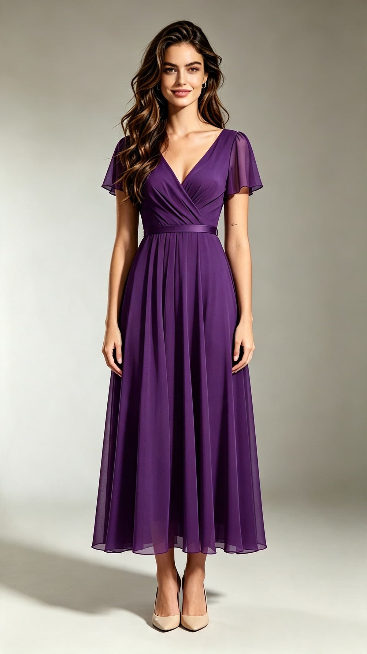 Lightweight A-line Purple Bridesmaid Gowns V Neck Chiffon Maxi Dress LFNL0704