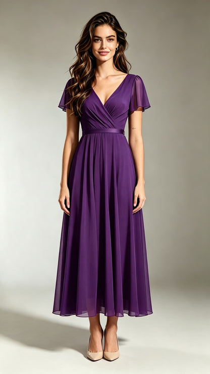Lightweight A-line Purple Bridesmaid Gowns V Neck Chiffon Maxi Dress LFNL0704