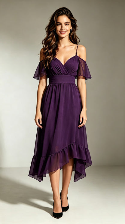 Timeless A-line Purple Bridesmaid Gowns Straps Chiffon Midi Length Formal Dress LFNL0710