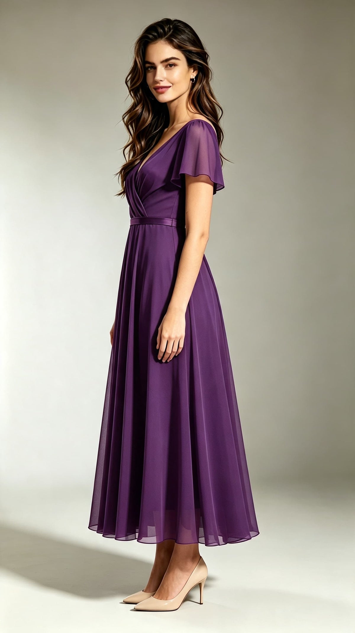 Lightweight A-line Purple Bridesmaid Gowns V Neck Chiffon Maxi Dress LFNL0704
