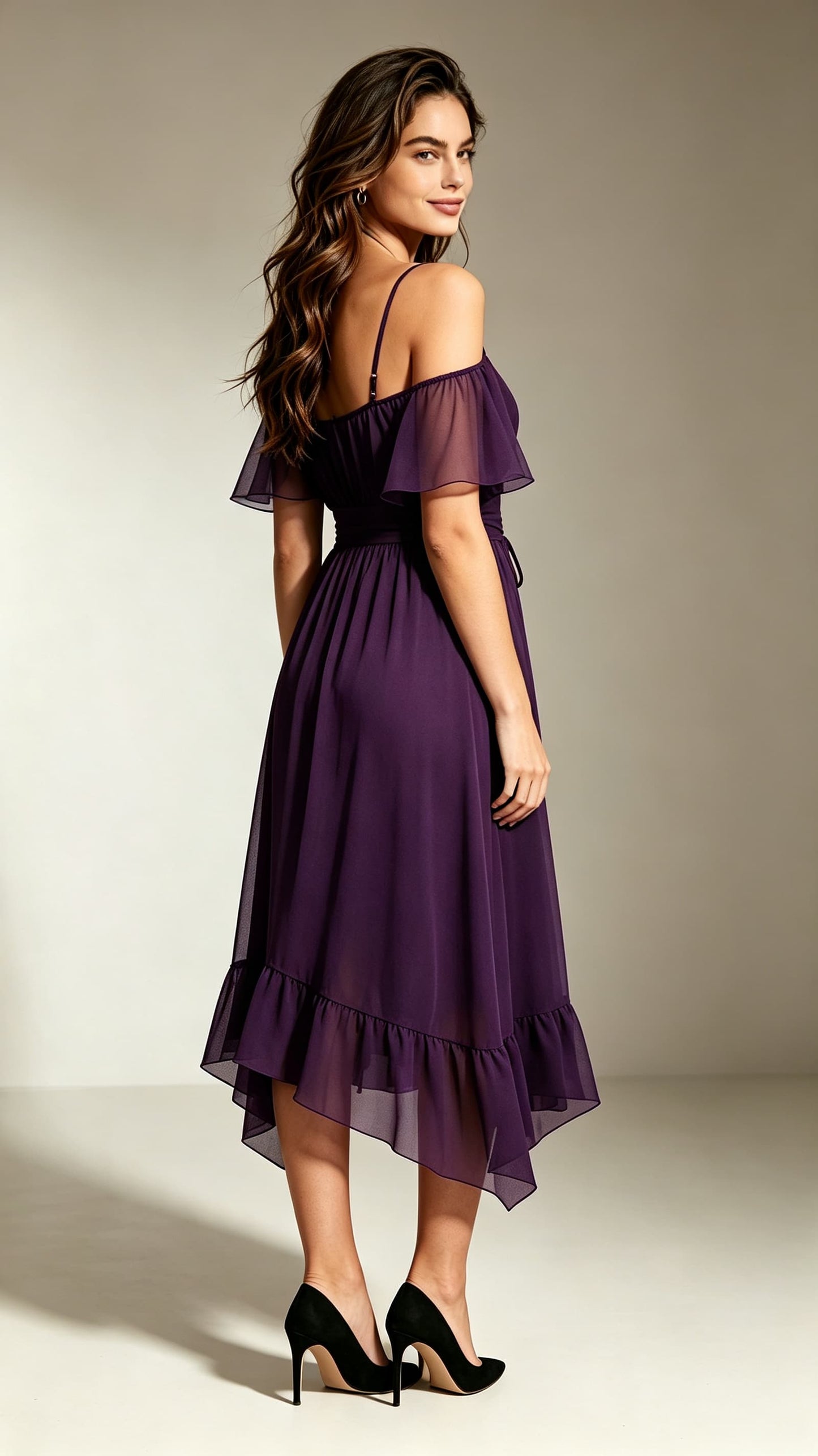 Timeless A-line Purple Bridesmaid Gowns Straps Chiffon Midi Length Formal Dress LFNL0710