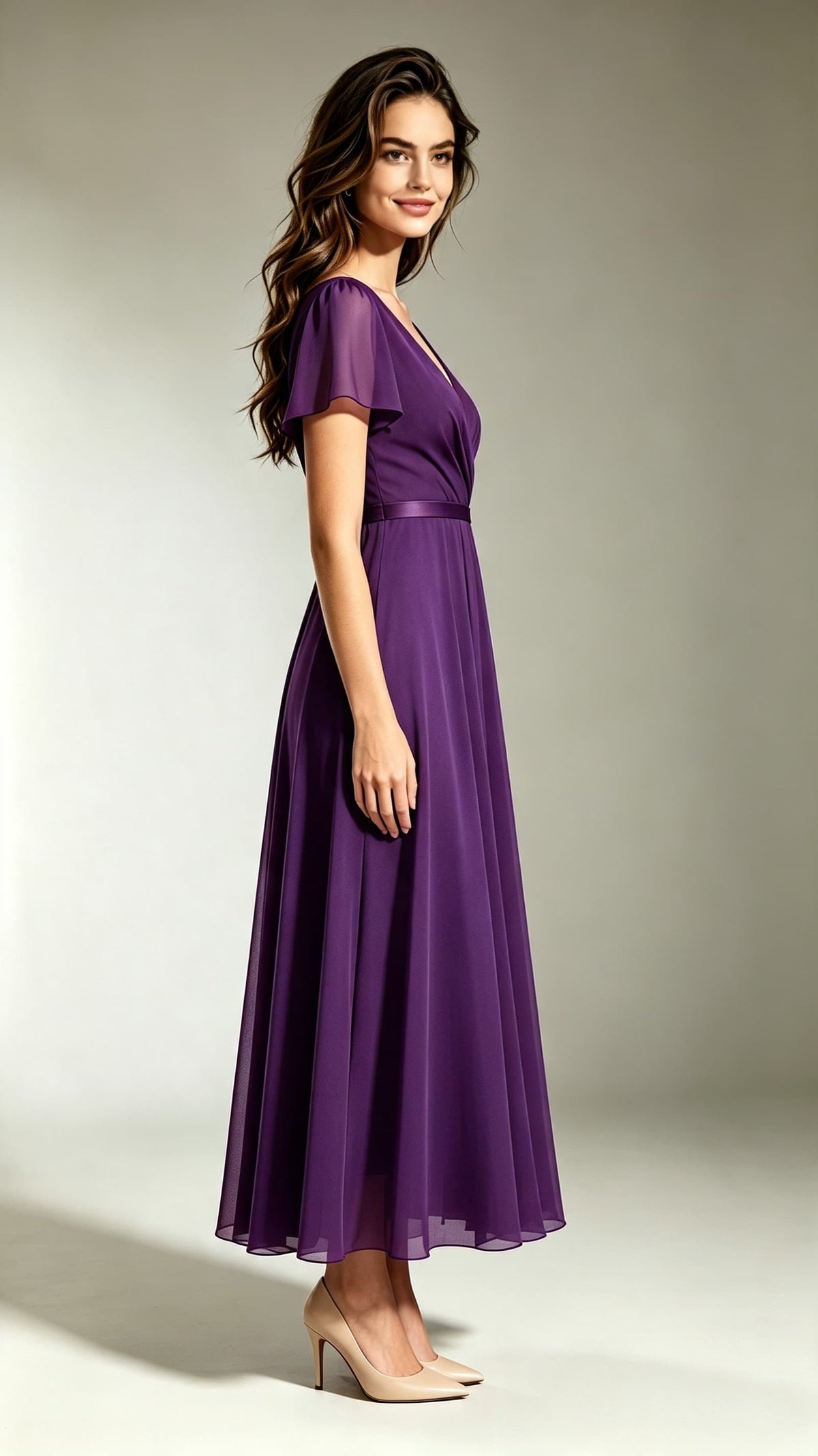 Lightweight A-line Purple Bridesmaid Gowns V Neck Chiffon Maxi Dress LFNL0704