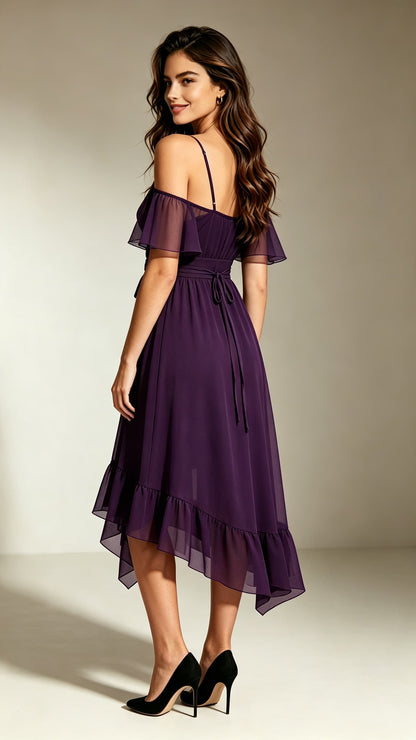 Timeless A-line Purple Bridesmaid Gowns Straps Chiffon Midi Length Formal Dress LFNL0710