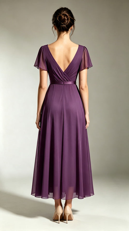Lightweight A-line Purple Bridesmaid Gowns V Neck Chiffon Maxi Dress LFNL0704