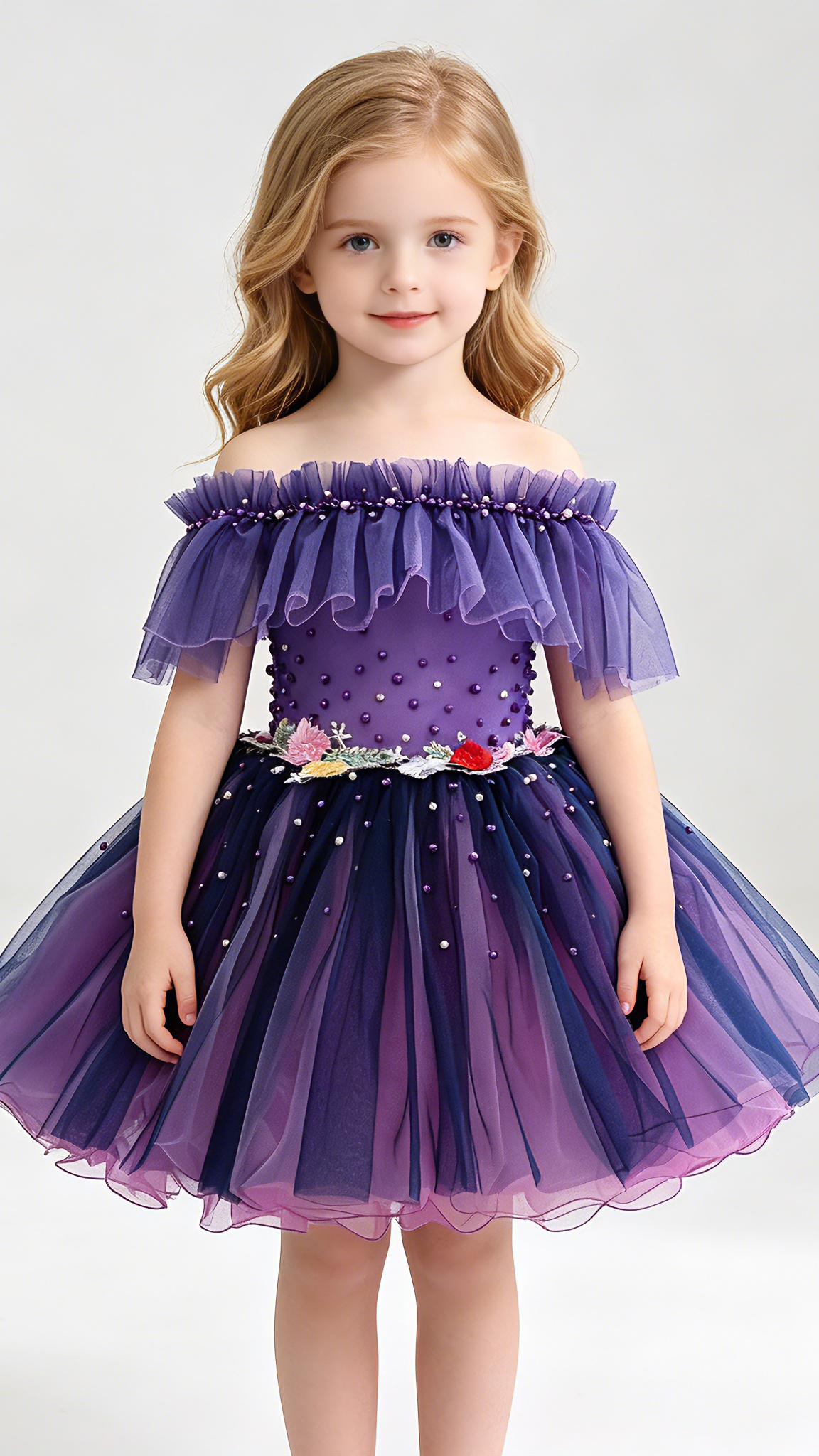 Dainty A-line Purple Flower Girl Dresses Off Shoulder Tulle Short Gown LFNGA001