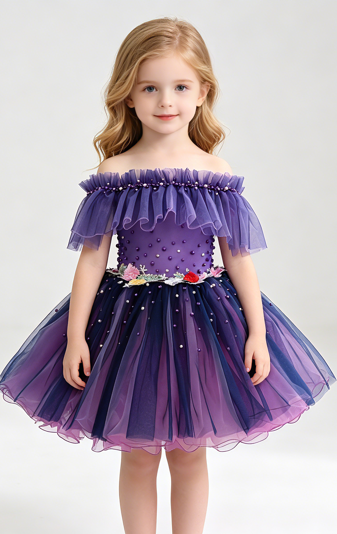 Dainty A-line Purple Flower Girl Dresses Off Shoulder Tulle Short Gown LFNGA001