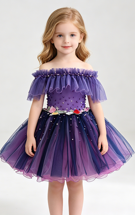 Dainty A-line Purple Flower Girl Dresses Off Shoulder Tulle Short Gown LFNGA001