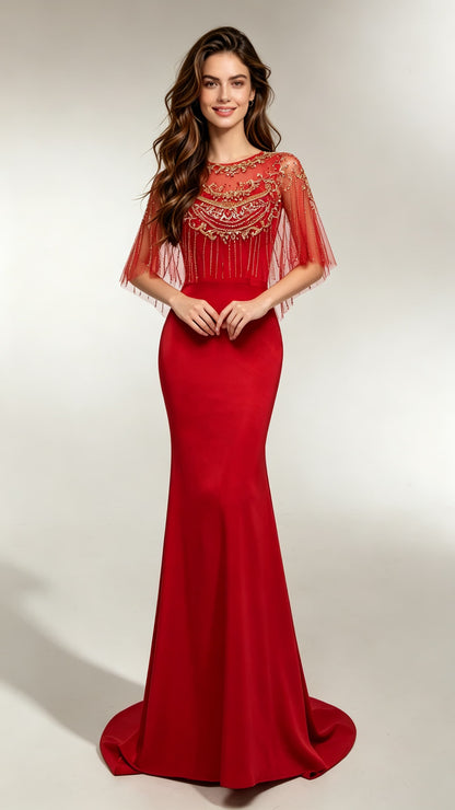 Beautiful tailored Mermaid Red Evening Gowns Round neck Polyester Tulle Maxi Dress LFNL0689