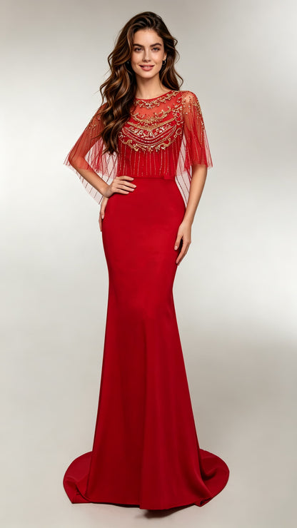 Beautiful tailored Mermaid Red Evening Gowns Round neck Polyester Tulle Maxi Dress LFNL0689