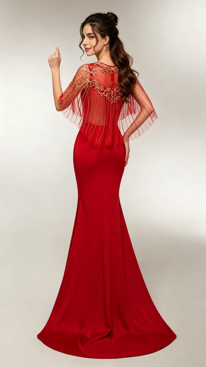 Beautiful tailored Mermaid Red Evening Gowns Round neck Polyester Tulle Maxi Dress LFNL0689