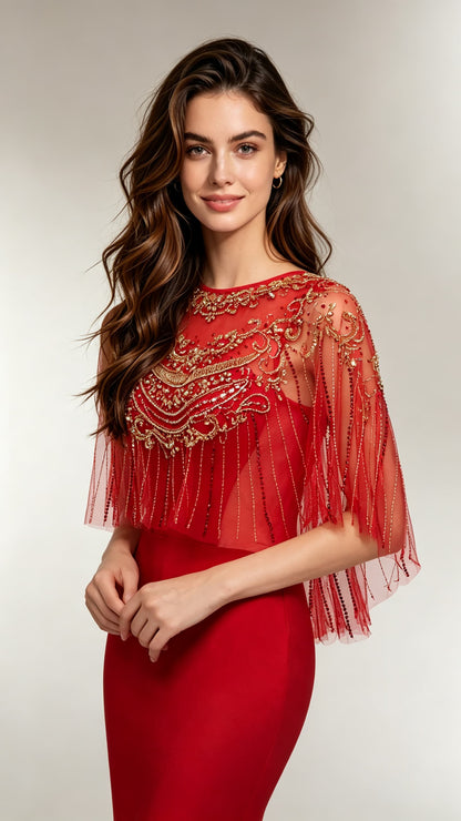 Beautiful tailored Mermaid Red Evening Gowns Round neck Polyester Tulle Maxi Dress LFNL0689