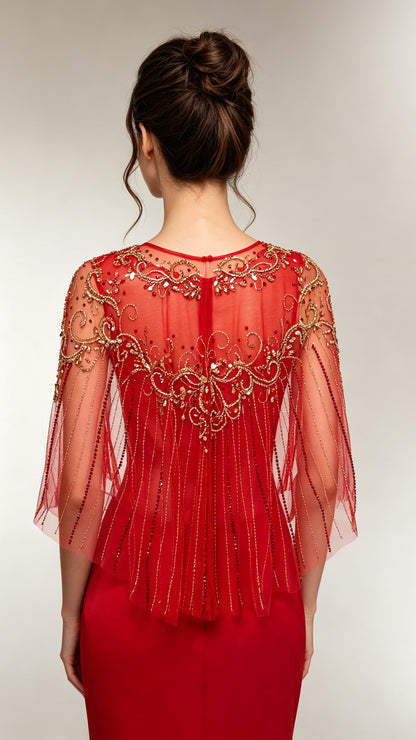 Beautiful tailored Mermaid Red Evening Gowns Round neck Polyester Tulle Maxi Dress LFNL0689