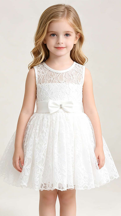 Minimalist A-line White Flower Girl Dresses Round Neck Lace Short Gown LFNGA005
