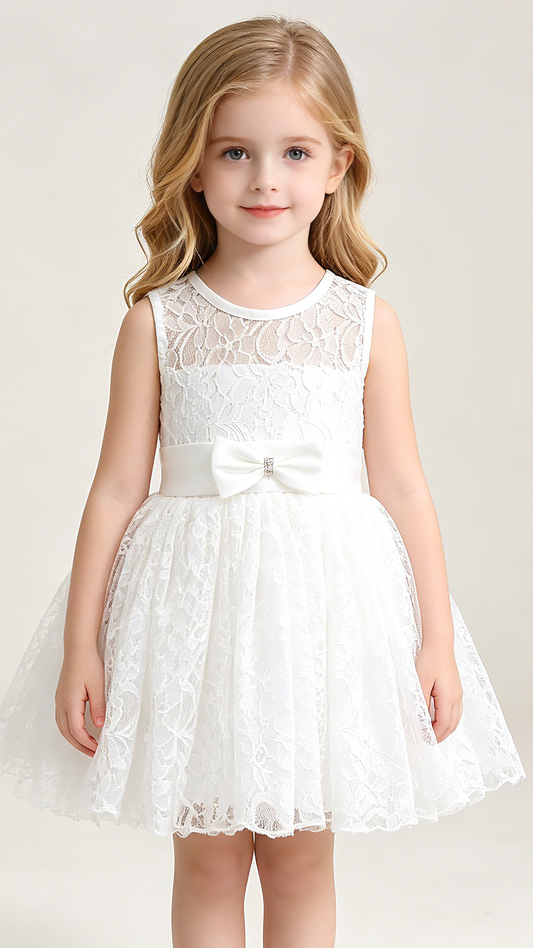 Minimalist A-line White Flower Girl Dresses Round Neck Lace Short Gown LFNGA005