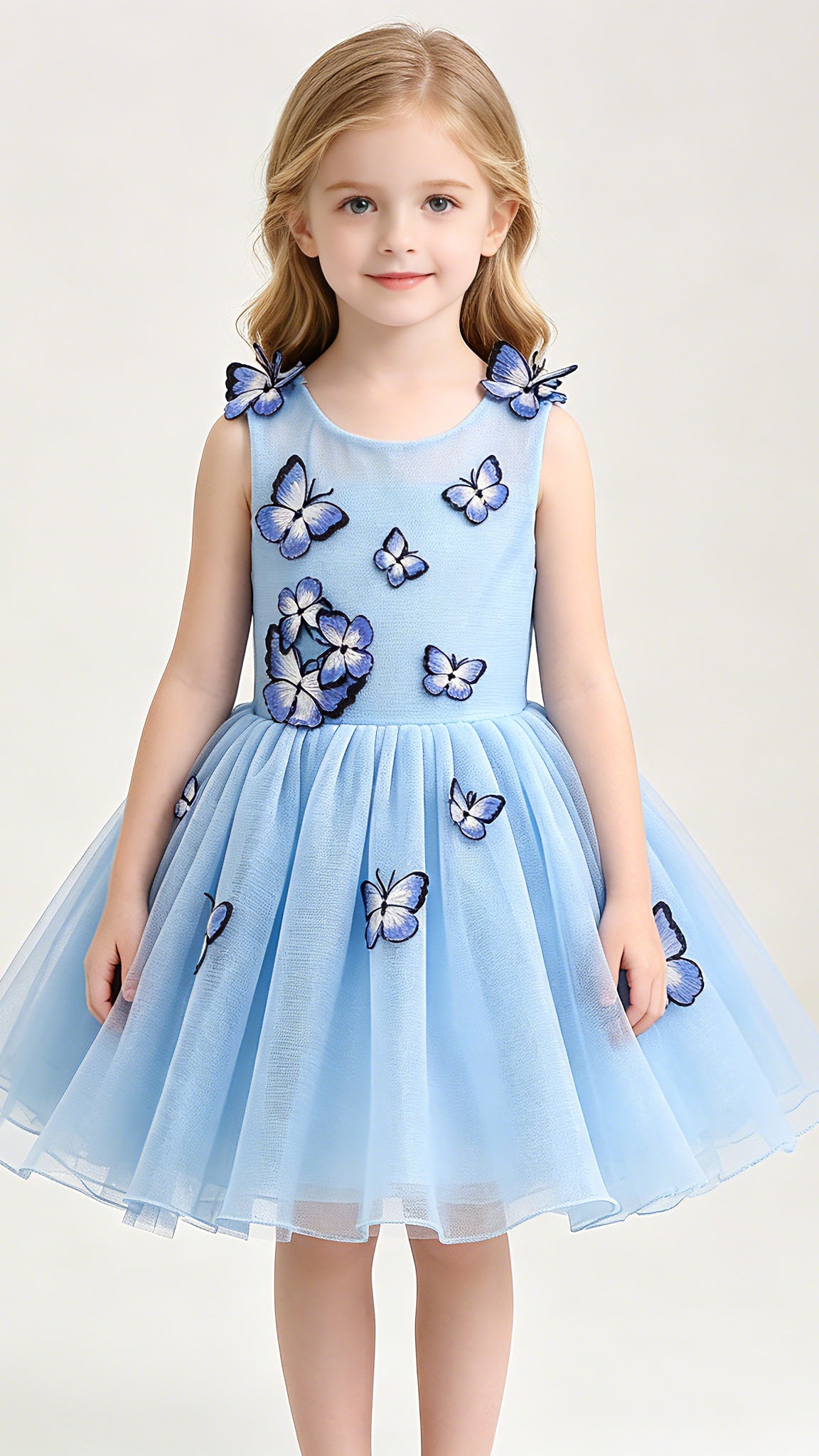 Airy A-line Blue Flower Girl Dresses Round Neck Embroidered‑Butterfly Tulle Short Gown LFNGA007