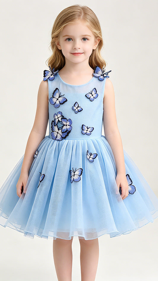 Airy A-line Blue Flower Girl Dresses Round Neck Embroidered‑Butterfly Tulle Short Gown LFNGA007