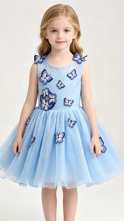 Airy A-line Blue Flower Girl Dresses Round Neck Embroidered‑Butterfly Tulle Short Gown LFNGA007