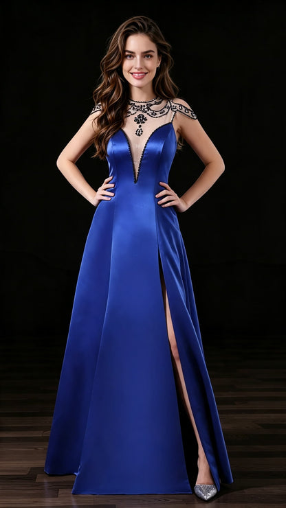 Simple A line Blue Evening Gowns Round neck Satin Long Formal Dress LFNL0678