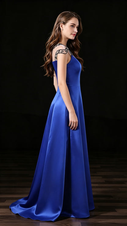 Simple A line Blue Evening Gowns Round neck Satin Long Formal Dress LFNL0678
