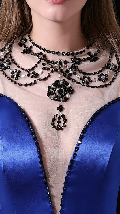 Simple A line Blue Evening Gowns Round neck Satin Long Formal Dress LFNL0678
