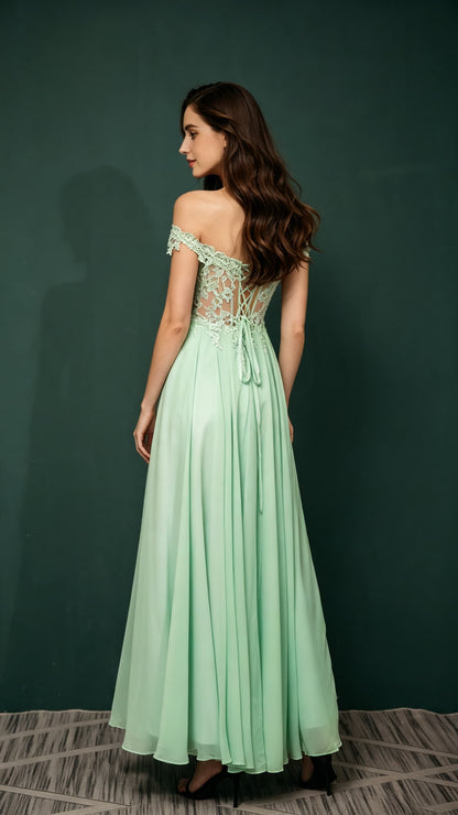 Beautiful tailored A-line Green Evening Gowns Off the Shoulder Chiffon Long Formal Dress LFNL0666