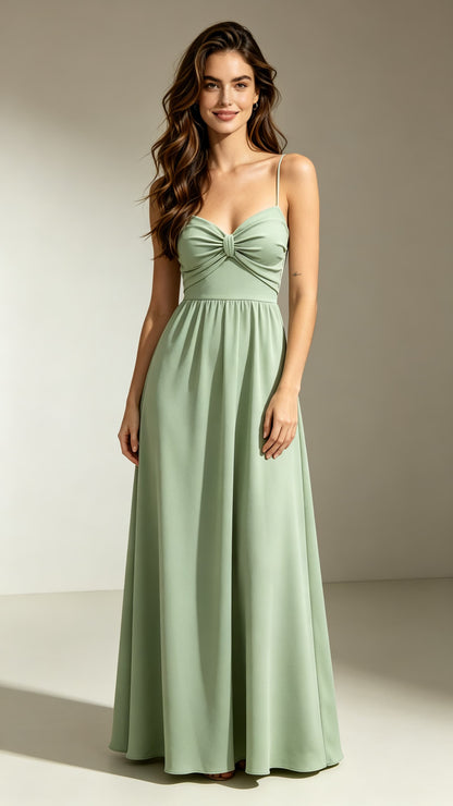 Eye‑catching sage green A‑line polyester maxi evening gown, thin spaghetti straps, twisted knot sweetheart bodice