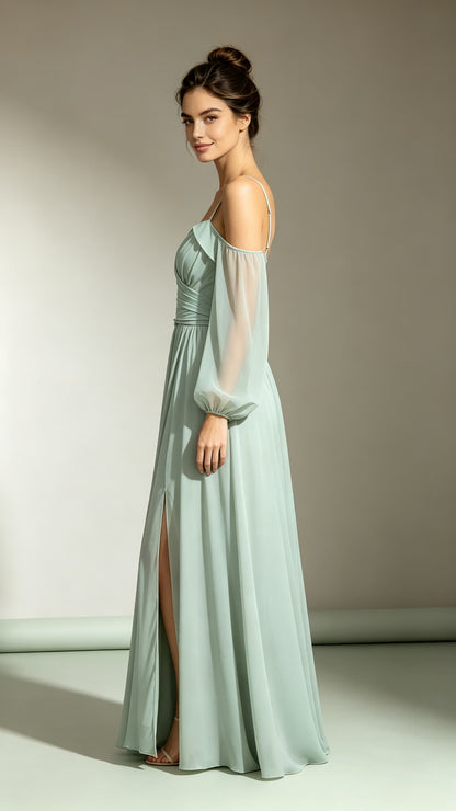 Timeless A-line Green Bridesmaid Gowns Straps Chiffon Maxi Dress LFNL0730