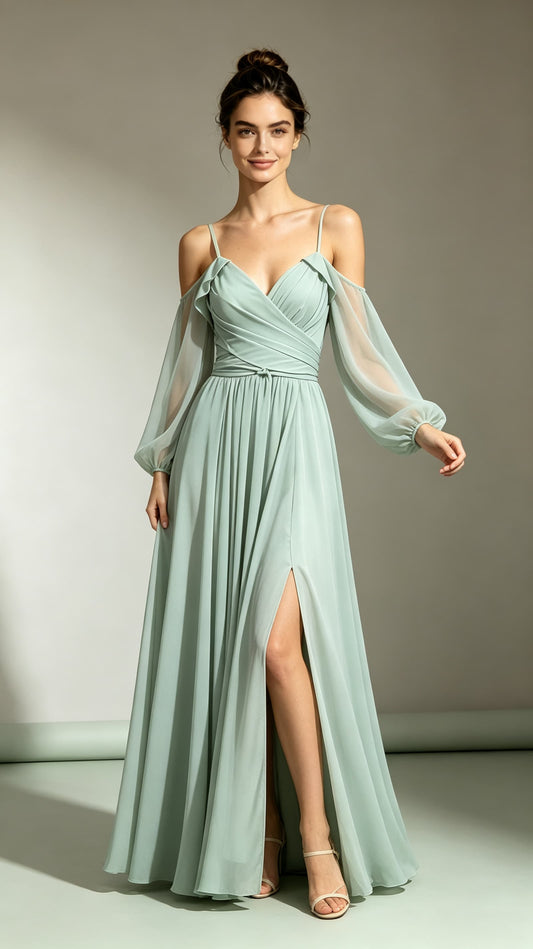 Timeless A-line Green Bridesmaid Gowns Straps Chiffon Maxi Dress LFNL0730