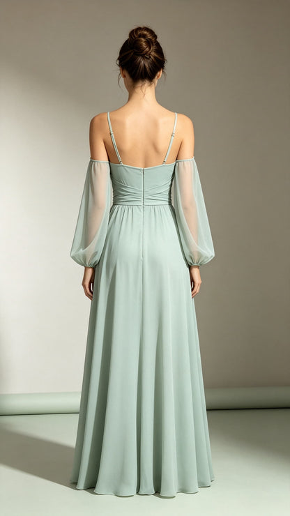 Timeless A-line Green Bridesmaid Gowns Straps Chiffon Maxi Dress LFNL0730