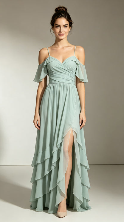 Lightweight A-line Green Bridesmaid Gowns Straps Chiffon Maxi Dress LFNL0727