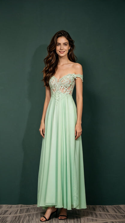 Beautiful tailored A-line Green Evening Gowns Off the Shoulder Chiffon Long Formal Dress LFNL0666